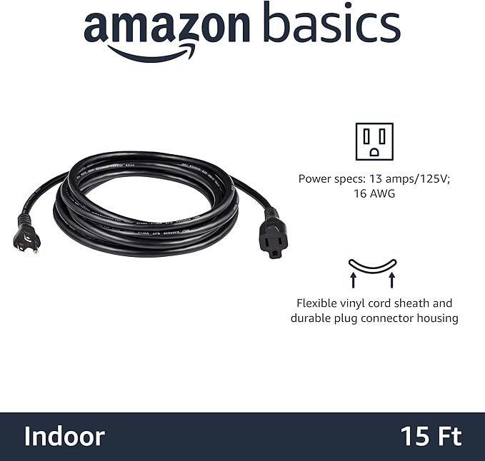 Basics Extension Cord, 15 Ft, 3 Prong Outlet Extender, Indoor Extension Cord, 13 Amps, 125V, Black