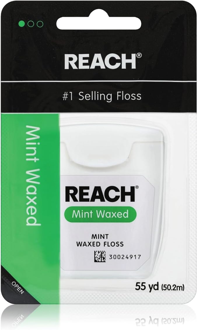 REACH Waxed Dental Floss, Mint, Plaque Remover for Teeth, Shred Resistant, Floss Slides Smoothly, Easy to Use, Waxed, Deep Cleaning Teeth, Oral Care, PFAS Free, for Adults Kids, 1 Pack, 55 yd