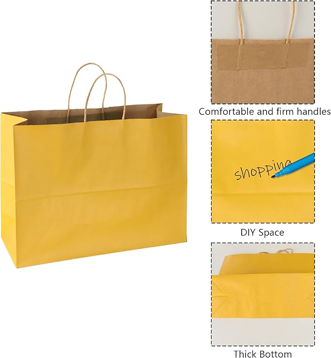 BLEWINDZ 50Pcs Kraft Paper Bags - Large Size 16x6x12 Inches Gift Bags with Handles Bulk Yellow Goodie Bag Shopping Bag for Grocery Merchandise
