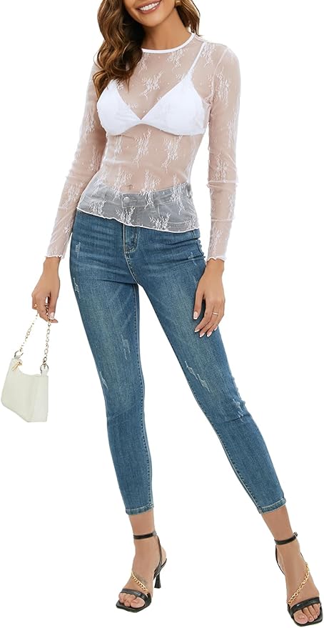 MEROKEETY Womens 2025 Spring Lace Sheer Mesh Top Crewneck Sexy Y2k See Through Going Out Long Sleeve Blouse Shirts