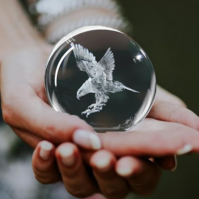 3D Engraved Eagle Crystal Ball with Stand Laser Etched Glass Eagle Figurine Carving Crystal Sphere Paperweight(2.4 in)