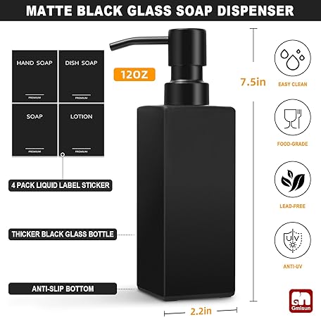 GMISUN Black Soap Dispenser, Hand Soap Dispenser Bathroom, 12oz Glass Soap Dispenser with Stainless Steel Pump, Liquid Dish Soap Dispenser for Kitchen, Modern BathroomKitchen Soap Dispenser Set