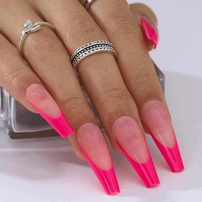 French Extra Long Press on Nails Glossy Coffin Fake Nails V Shape Super Long False Nails Acrylic Ballerina Full Cover Nails 20Pcs for Woemen and Girls (Hot Pink)
