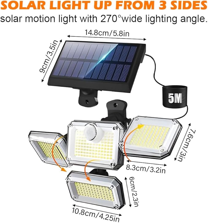 Solar Outdoor Lights with Motion Sensor, 333 LEDs Wide Angle Solar Lights,1200LM 3 Modes Solar Lights 270°,7700K Daylight White Remote Control IP65 Waterproof Wall Light for Garage, Yard