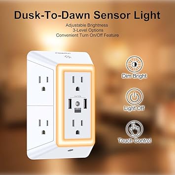 Outlet Extender USB Wall Charger - POWRUI 6 AC Surge Protector Outlets with 3 USB Ports (1 USB C) and Night Light, 3-Sided Multi Plug Wall Outlet Power Strip with Spaced Outlets, ETL Listed, White