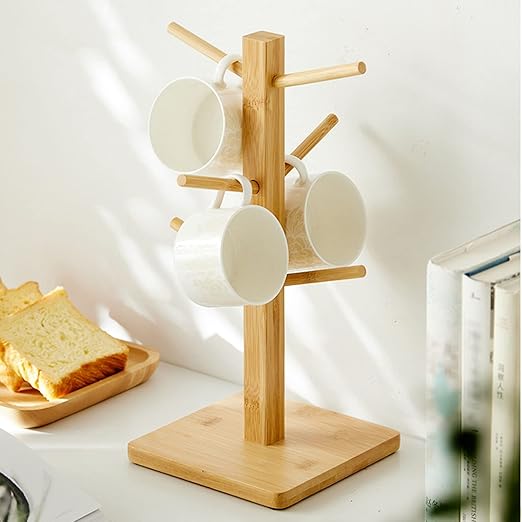 LIU- Bamboo Mug Holder Tree with 6 Hooks,Square Base,Countertop Coffee Mug Stand Teacup Organizer,for Kitchen Counter Bar Accessories