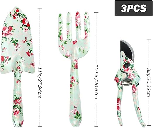 Gardening Tools Set, Garden Tool Set, 3Pcs Gardening Gifts for Women, Gardening Tools with Floral Print, Including Trowel, Pruner, Hand Rake