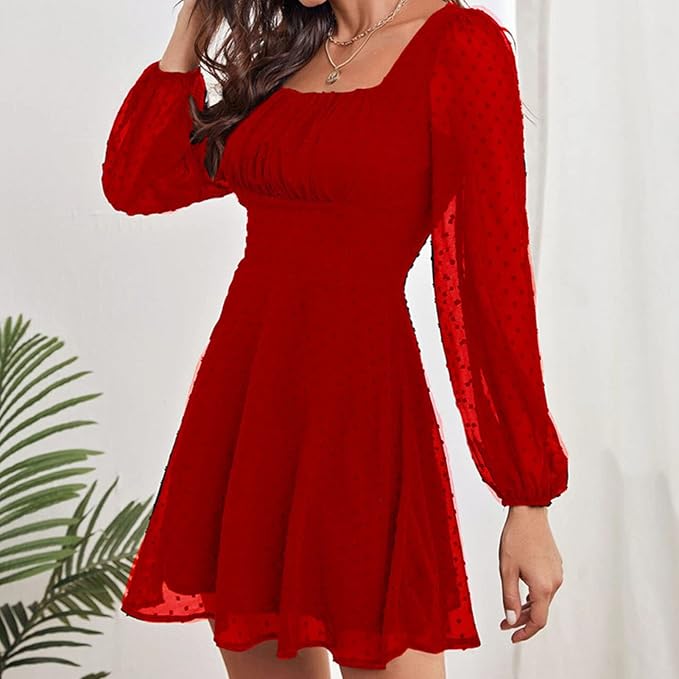 WDIRARA XS Women's Polka Dots Mesh Square Neck Solid Color Long Sleeve Chiffon Dress Fashion Casual Smocked A Line Mini Dress