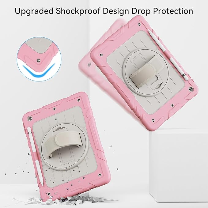 Case for iPad 9th/8th/7th Generation-Built-in Screen Protector,with Pencil Holder&360°Rotating Hand Strap,Shoulder Strap,Case for iPad 10.2 inch 2021-2019(Pink/Beige)