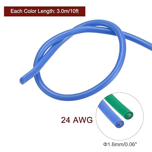 MECCANIXITY 24 Gauge Wire Silicone Wire 24AWG Electrical Wire Stranded Wire Tinned Copper Wire High Temp Hookup Wire Blue and Green 3.0m10ft for Car Model Electric Appliances 2pcs