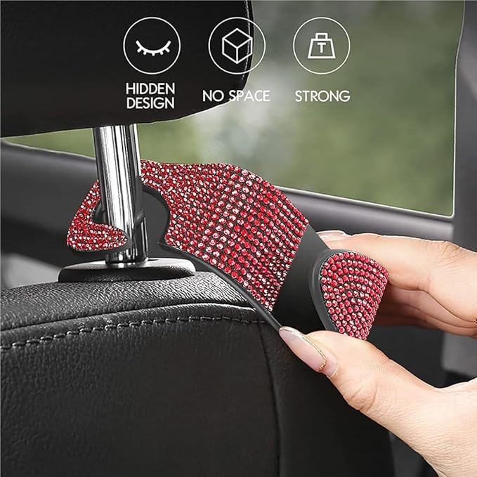 1pc Auto Seat Hook Backseat Hangers Organizer Durable Auto Car Hooks For Handbag Purse Clothes Hat Crystal Bling Rhinestone Car Seat Hooks Universal Vehicle Decor Accessories(Red)