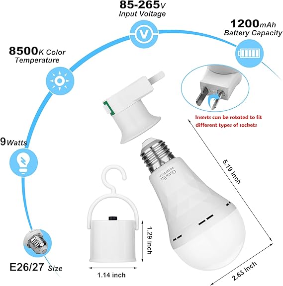 2 Pack Emergency Rechargeable Light Bulbs,Battery Operated Backup Light Bulb 9W E27 8500K 1200mAh White Equivalent Self-Charging LED Light Bulbs for Power Outage Camping Outdoor Activity