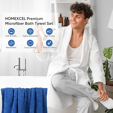 HOMEXCEL Bath Towel Set Pack of 2, 30 x 60 Inches Large Microfiber Bath Towels, Soft, Absorbent, and Quick Dry Towels for Bathroom, Pool, Beach, Swim, and Yoga, Large Bathroom Towels, Blue