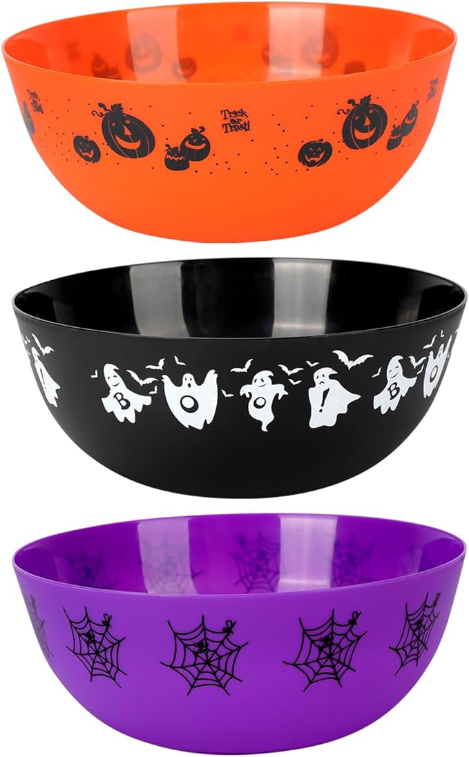 3 Pieces Halloween Candy Bowl Halloween Plastic Trick Treat Candy Bowls halloween pumpkin bucket Plastic Serving Bowl Tableware halloween serving bowl Halloween Party Supplies (Orange Purple Black)
