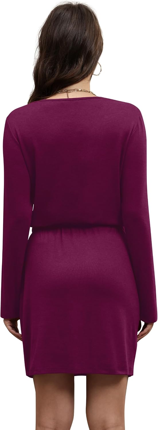 OFEEFAN Fall Dresses for Women 2025 Loose V Neck Long Sleeve T Shirts Casual Sundresses Tie Front A-Line Dresses