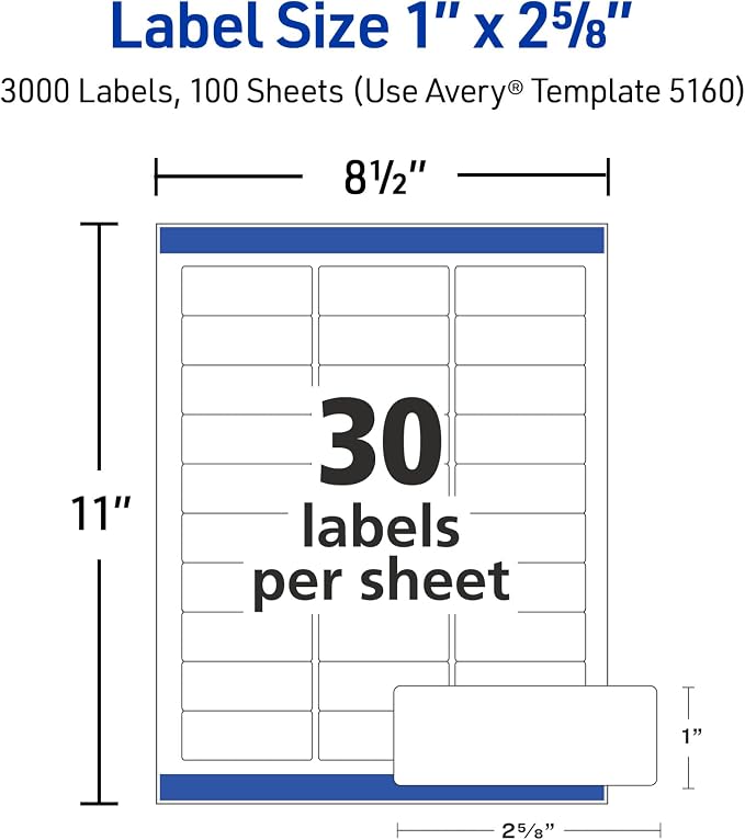 Avery Easy Peel Printable Address Labels with Sure Feed, 1" x 2-5/8" Customizable Stickers, White, 3,000 Blank Mailing Labels, Great for Mailing, Shipping, and More (5160) -Missing original packaging.