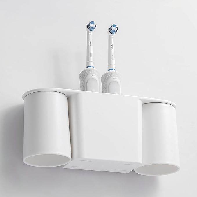Wall-Mounted Toothbrush and Toothpaste Holder - Self-Draining Design, Easy Installation, Space-Saving, White (Double - Two Magnetic Cups)