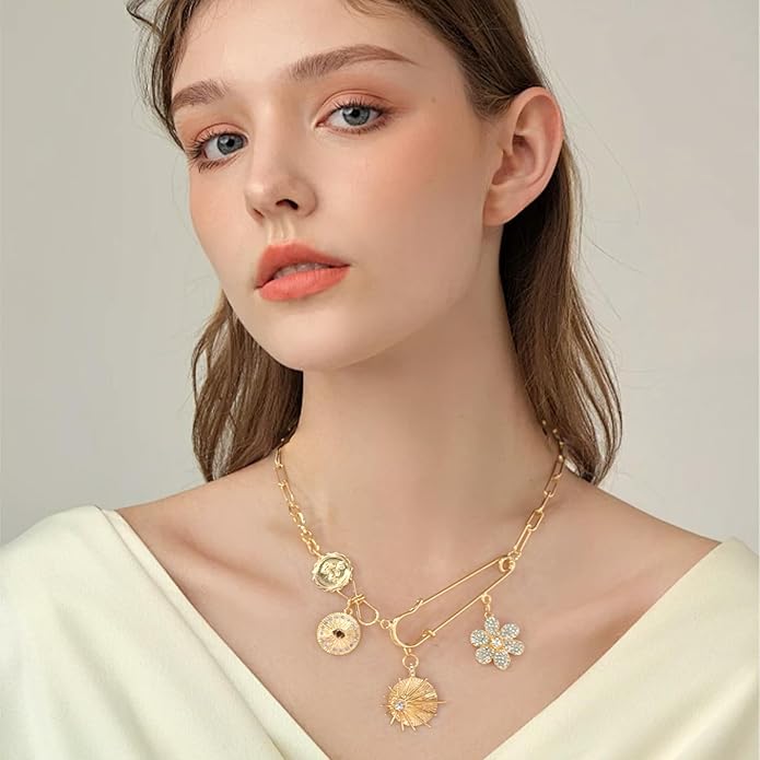 Glod Plated Boho Paperclip Chain Charm Necklace for Women Handmade Evil Eye Sun Moon Star Flower Coin Safety Pin Necklace Celestial Jewelry