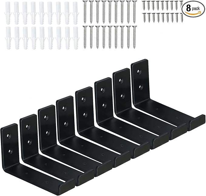 HEART ART Black Shelf Bracket 6 inch, Shelf Bracket 8 Pack,J Metal Heavy Duty Shelf Support Brackets,6.3"L4.8"H1.2"W