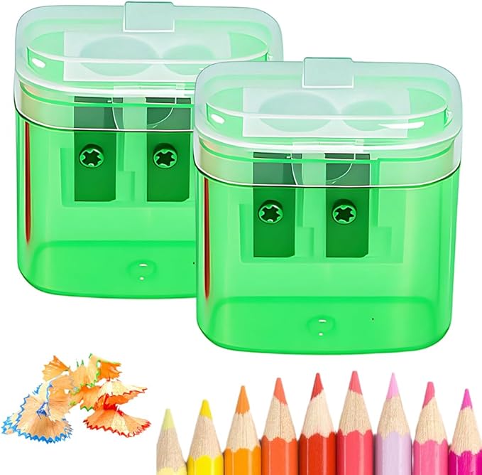 Pencil Sharpeners with Lid, 2025 New Dual Holes Compact Colored Handheld Pencil Sharpener, Manual Pencil Sharpeners, Little Sharpener for Crayons Pastel Colouring Liners Pencils (2pcs-Green)