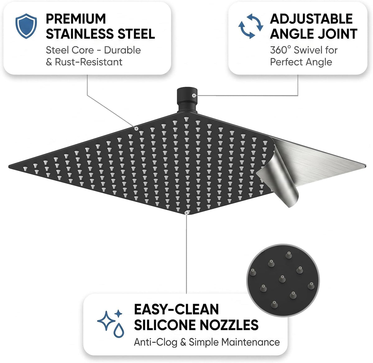 12 Inch Rain Shower Head, 12" Square Rainfall & High Pressure Stainless Steel Bath Showerhead, 1/16" Ultra Thin, Waterfall Full Body Coverage with Silicone Nozzle, Matte Black Finish