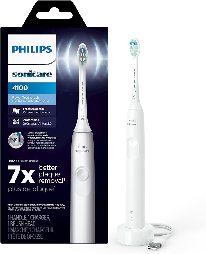 Philips Sonicare 4100 Rechargeable Electric Toothbrush, with Pressure Sensor, 2 Intensity Settings, SmarTimer and QuadPacer, 14-Day Battery Life, White, Model HX368123