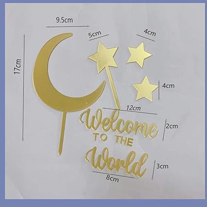 12PCS Moon Star Cake Toppers,Acrylic Mirror Gold"Welcome To The World"Baby Shower Cake Decorations for Over the Moon Baby Shower Wedding Birthday Party