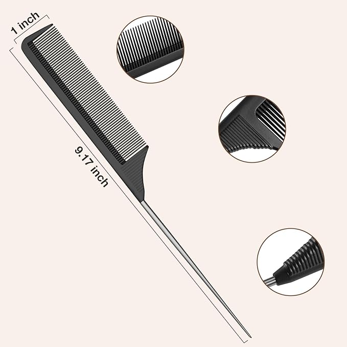 Rat Tail Comb Steel Pin Rat Tail Carbon Fiber Heat Resistant Teasing Combs with Stainless Steel Pintail