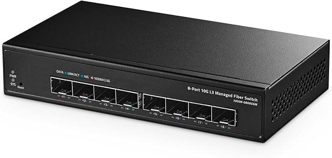 Binardat 8 Port 10 Gigabit SFP Managed Switch, Support 1G10G SFP Module, 160Gbps Bandwidth, WebCLI L3 Managed, Metal Fanless Fiber Desktop Network Switch
