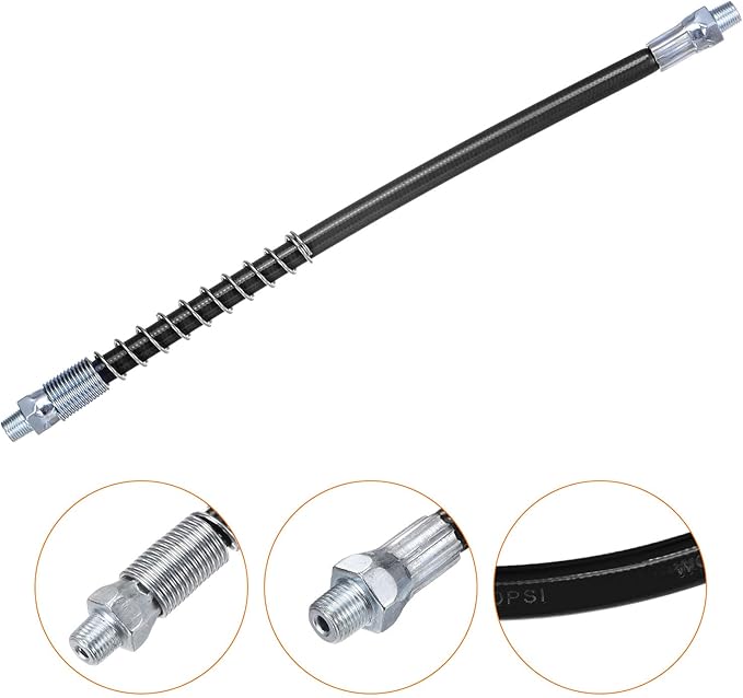 HARFINGTON Grease Gun Hose 11.8" 10000 PSI Spring Flex High Pressure Quick Release Grease Replacement with Coupler 18" NPT Threads for Grease Gun, Black