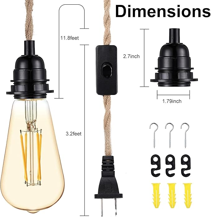 Simple Deluxe 15FT Pendant Light Cord, Suitable E26 Socket with Switch, Twisted Hemp Rope Plug in Hanging Light Kit, for Industrial Retro DIY Decoration