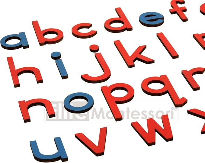 Elite Montessori Wooden Movable Alphabet with Box Preschool Spelling Learning Materials (Red Blue, 5mm Thick)