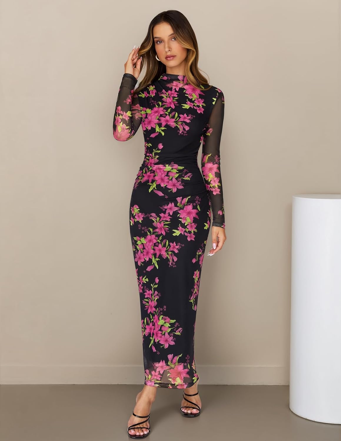 MEROKEETY Women's Spring Wedding Guest Dress 2026 Long Sleeve Bodycon Floral Mesh Fall Cocktail Holiday Party Maxi Dresses