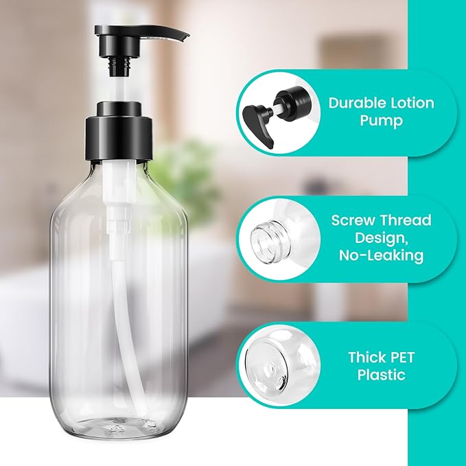 Teyssor Pump Bottle Dispenser Clear 2 Pack 300ml/10oz Empty Plastic Liquid Soap Dispensers, BPA-Free Refillable Container for Essential Oil Shampoo Lotion