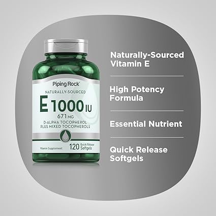Piping Rock Vitamin E 1000 IU Softgels 120 Count with D-Alpha and Mixed Tocopherols Gluten Free, Non-GMO Supplement