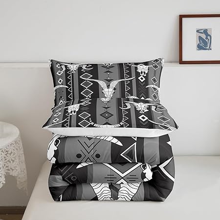 Western Boho Bedding Sets Queen Bull Skull Cowboy Quilt Set Black White Grey Southwestern Aztec Comforter Set for Teen Boys Men Ethnic Tribal Geometric Diamond Duvet Insert Southwest Room Decor 3 Pcs