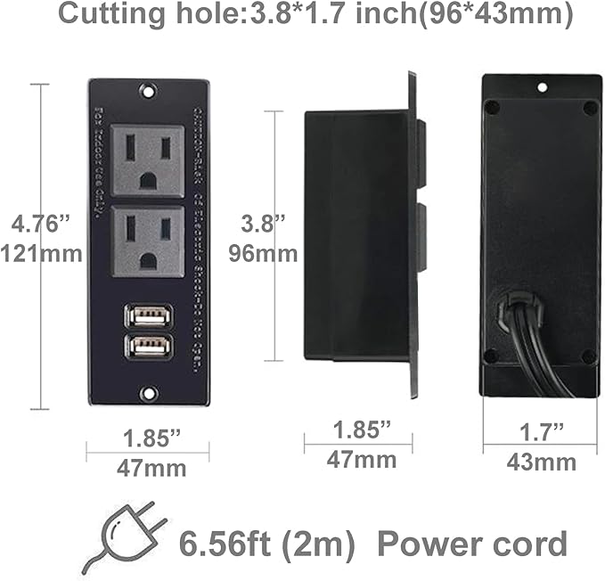 Desktop Power Strip with 2 Outlets 2 USB 2.1A Insert Mounting Built in Desk Table Sofa Cabinet Nightstand