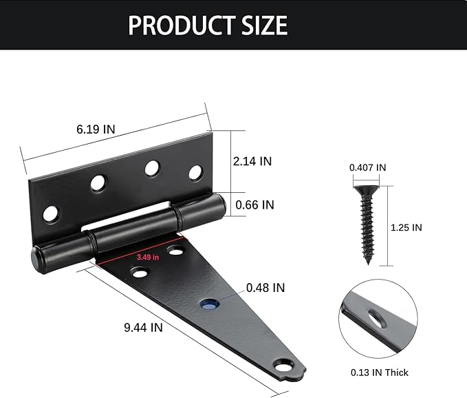 HOME MASTER HARDWARE 10 Inch T-Strap Heavy Duty Black Hinges for Outdoor Barns and Wooden Fences, 2Pack with Screws