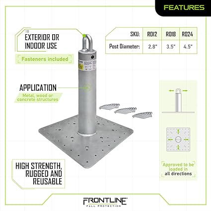 Frontline Fall Protection RO18 Commercial Roof Anchor 18" OSHA ANSI Compliant Galvanized Steel Roofing Anchor Point Metal, Wood or Concrete Application