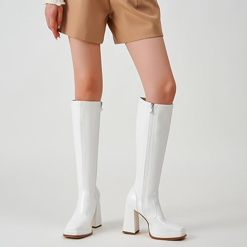 ZXHYZLZ Knee High Gogo Boots 70S For Women Wide Calf Long Tall Square Toe Chunky Boot Women
