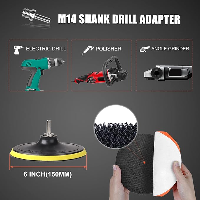 6 Inch Car Polishing Buffing Sponge Pads Kit Wool Bonnet Pads for Household Electric Drill and Auto Polisher with 8mm M14 Drill Adapter for Washing Cleaning Waxing Dusting, 11PCS