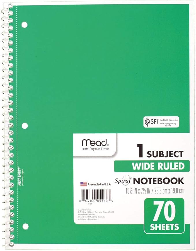 Mead Spiral Notebook, 1 Subject, Wide Ruled Paper, 70 Sheets, 10-12" x 8", Green (05510AC5)