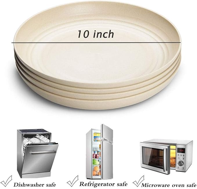 Wheat Straw Plates Plastic Plates Reusable 10 Inch - Microwave Safe Plates for Kitchen Set of 4, Unbreakable Dinner Plates