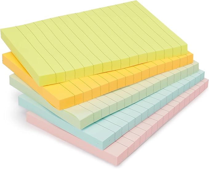 Basics Sticky Note Pads, Lined, 4x6, Rectangular, Assorted Colors, Pack of 5