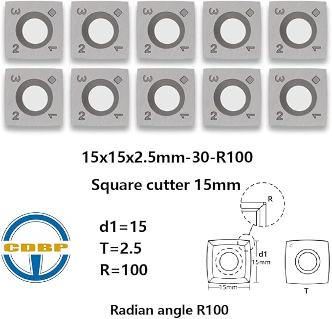 15mm Square with 4" Radius Carbide Inserts Cutters 15152.5mm-R100 Replacement for Woodworking Fits Helical Spiral Cutterheads or Planers Cutterblocks, 10 PCS