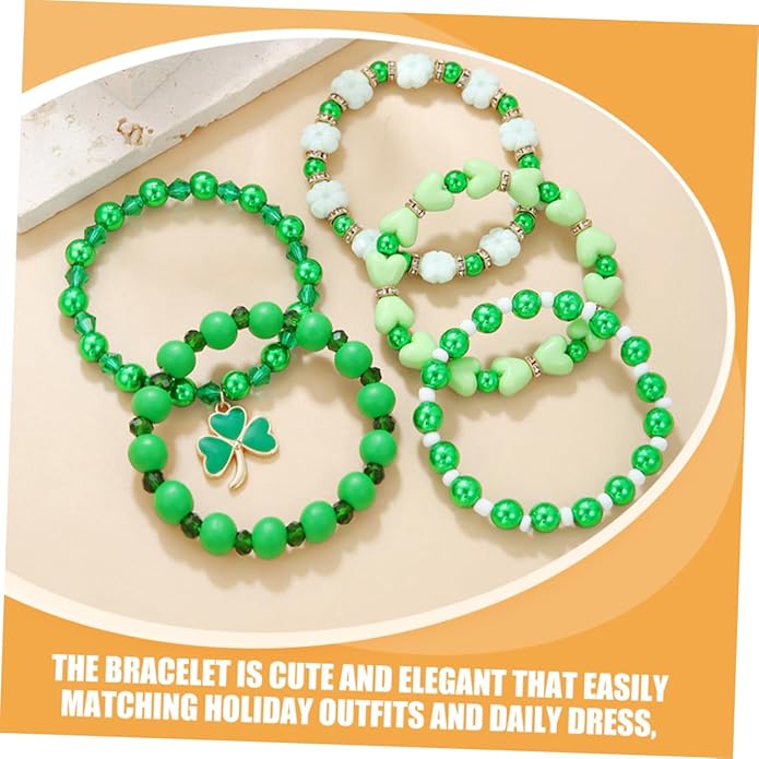 Garneck 5Pcs St Patrick's Day Jewelry Set - Green Beaded Stretch Bracelets with Shamrock Charms - Accessories for Celebrations Parties and Holiday Festivities