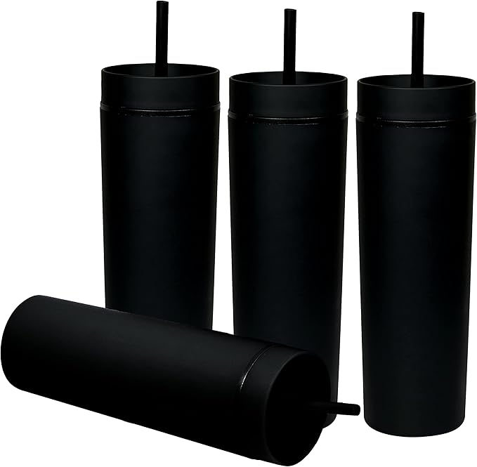 SKINNY TUMBLERS 4 Pack - Matte Pastel Colored Acrylic Tumbler with Lid and Straw- Perfect for Home, Parties, Travel 16oz Double Wall Reusable Plastic Tumbler w Straw Cleaner INCLUDED,BLACK