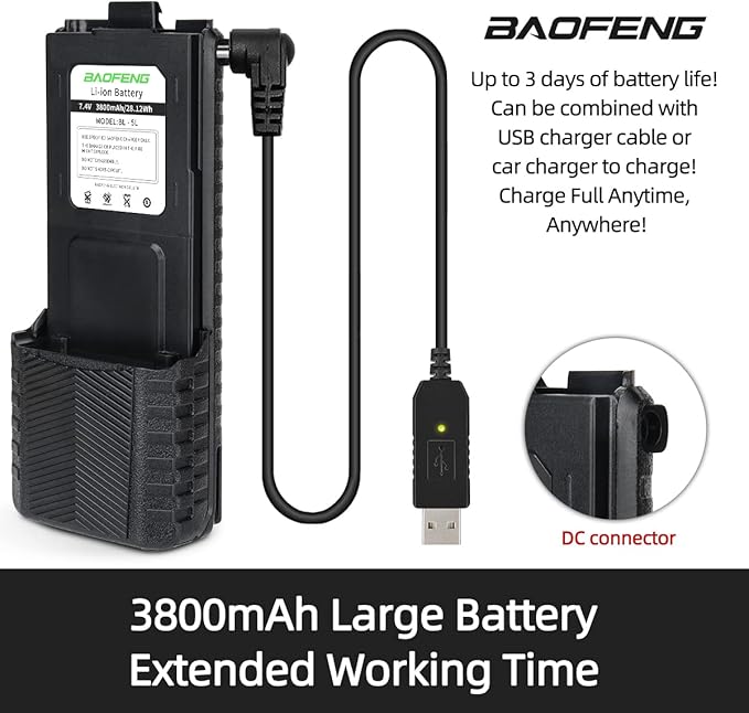 BL-5 3800mAh Extended Battery Walkie Talkie UV-5R BF-8HP UV-5RX3 RD-5R UV-5RTP UV-5R MK2 MK3X MK5 Plus Series Two Way Radios (UV-5R 3800USB Charging Cable)