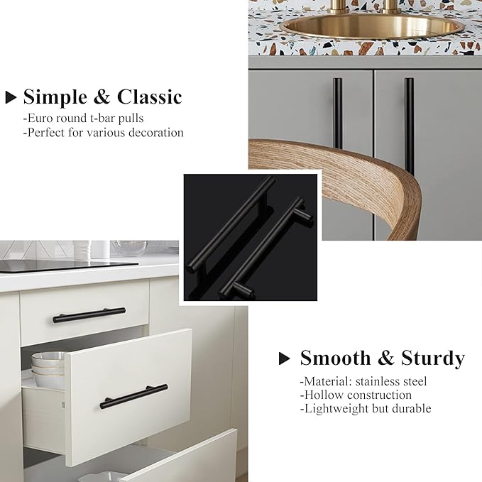 Probrico 15 Pack5" Hole Centers Flat Black Modern Cabinet Pulls Drawer Handle Kitchen Cupboard T Bar Dresser Pull Stainless Steel Cabinet Hardware, 7-12 Total Length