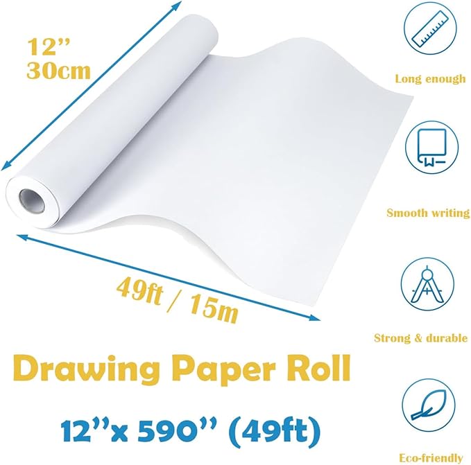 Easel Paper Roll 12 Inch x 49 Feet, Durable Drawing Paper for Kids Art,White Bulletin Board Paper,Craft Paper Roll for Paints, Wall Art and Gift Wrap